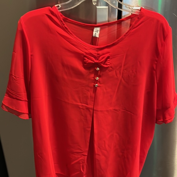 Coquette lolita RED chiffon SHEER blouse short flutter sleeves gem BOW TIE shirt - Picture 9 of 16
